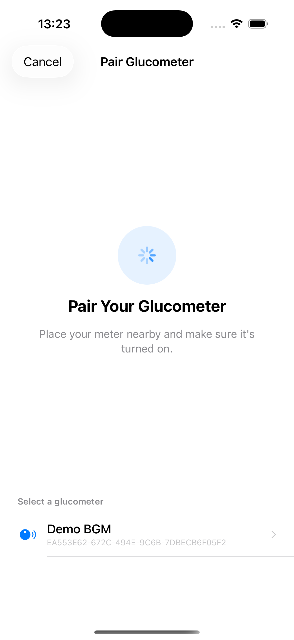 Glucera pairing: a discovered meter named Demo BGM ready to connect